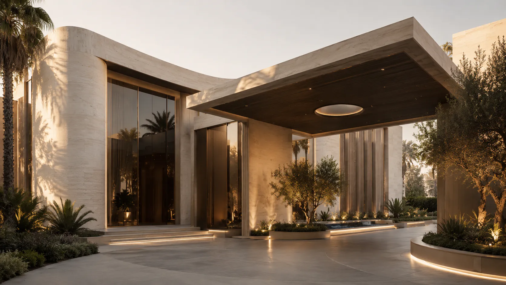 The arrival courtyard of ÉLANE Dental House at golden hour