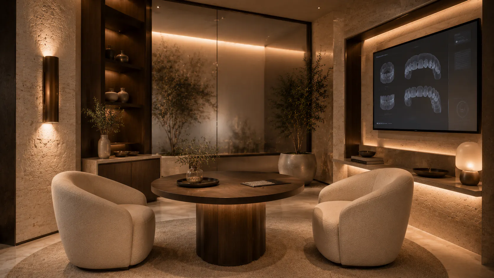 A private consultation room bathed in warm light